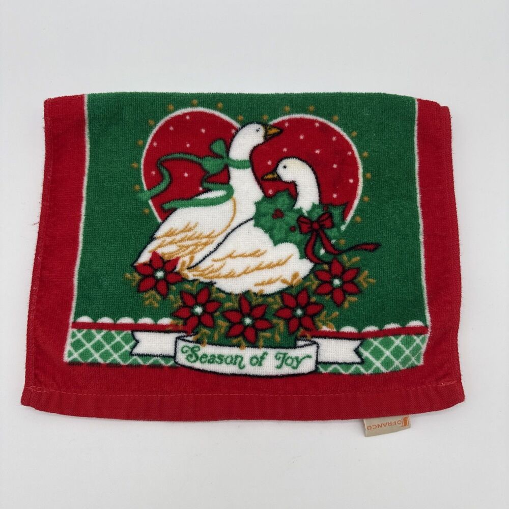 Vintage Christmas Goose Kitchen Hand Towel Festive Cottage Red Green